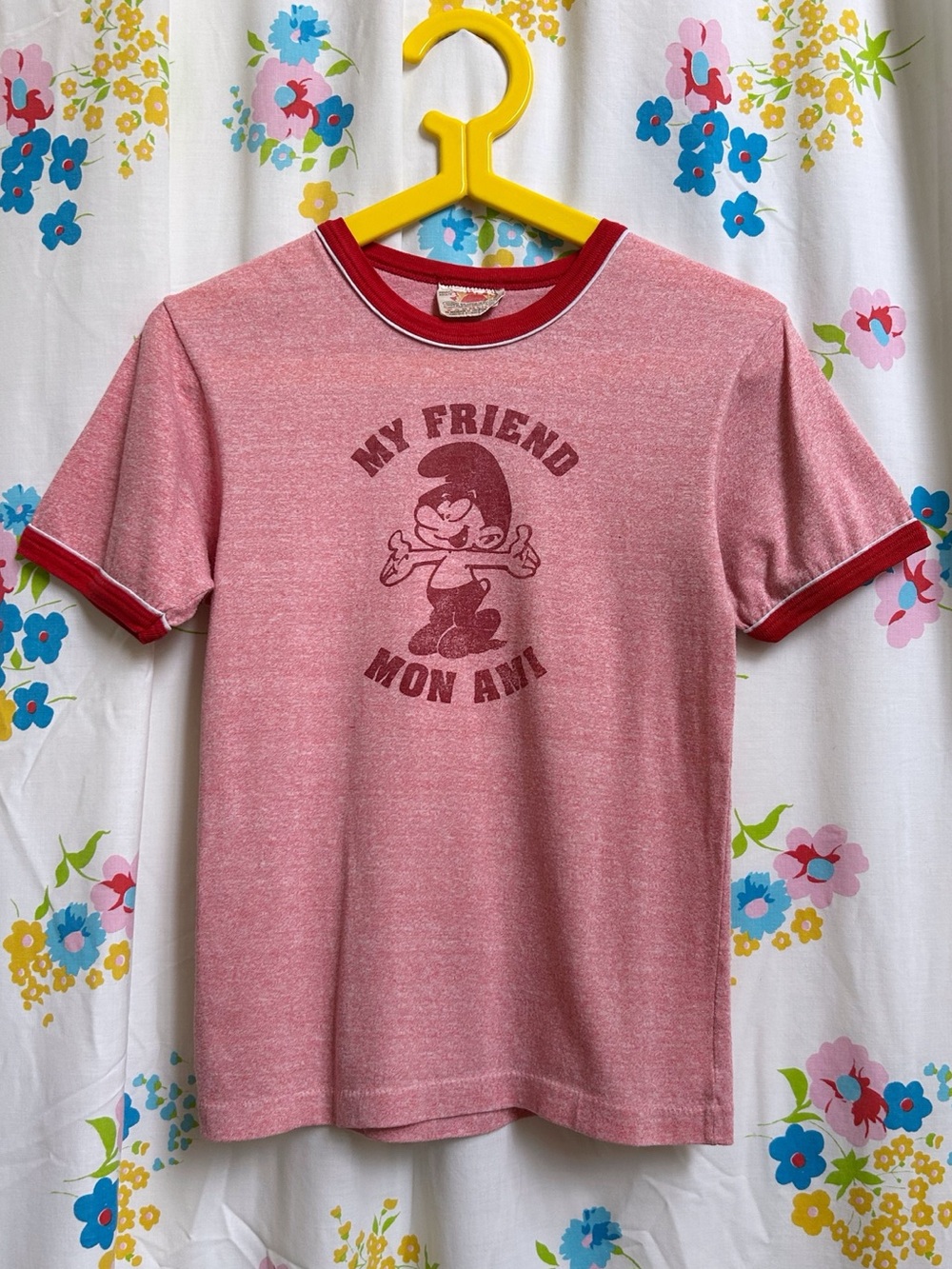 70s vintage Smurfs ringer tee t-shirt “My Friend Mon Ami” Sunburst Fashions